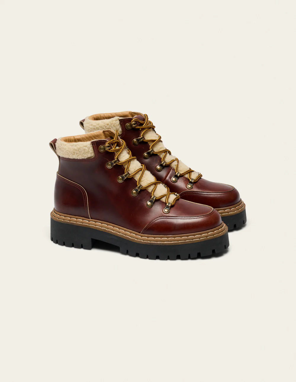 Bottines à lacets Gally - Cuir marron et fausse fourrure