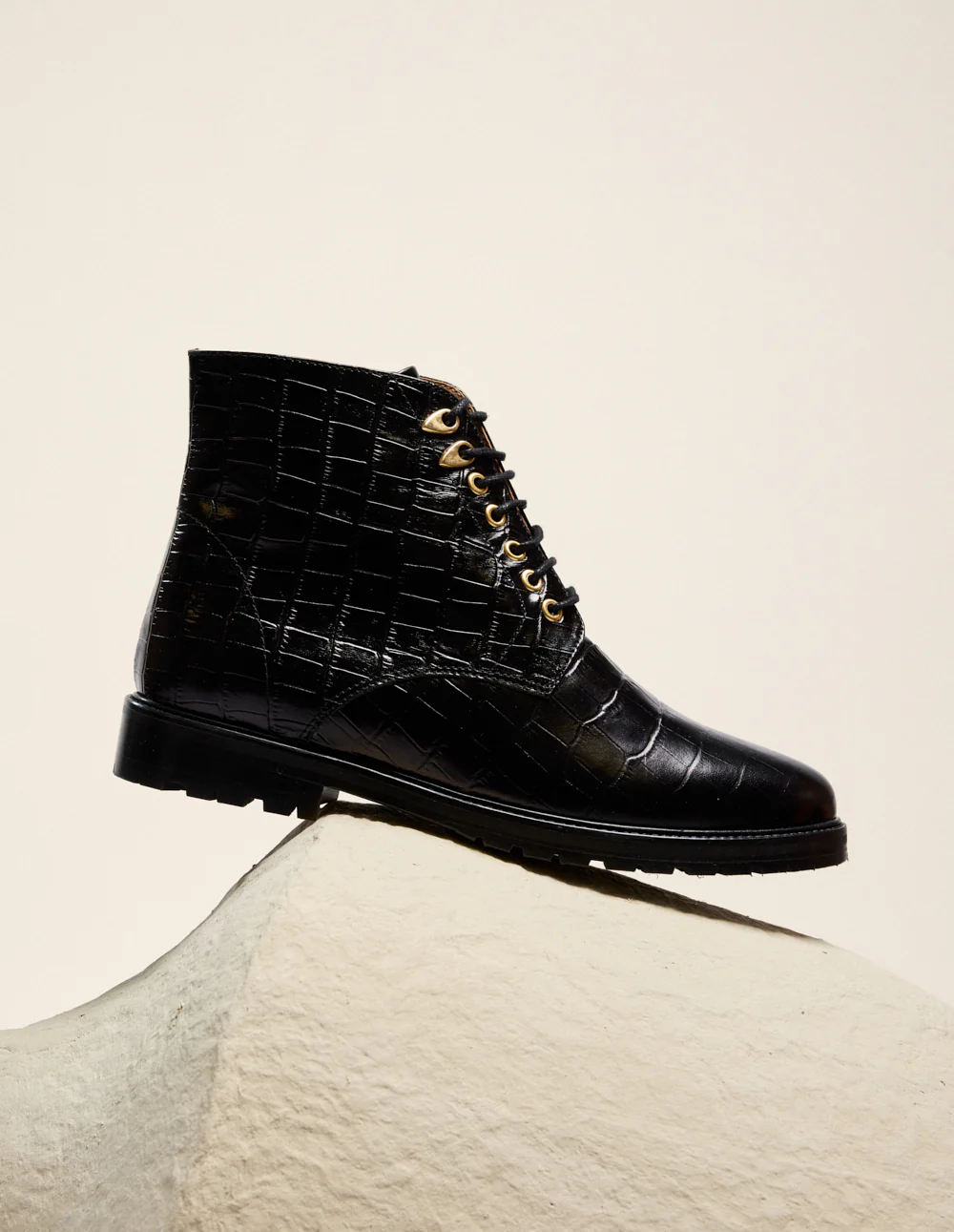 Bottines à lacets Laurène - Cuir croco noir - Image 3