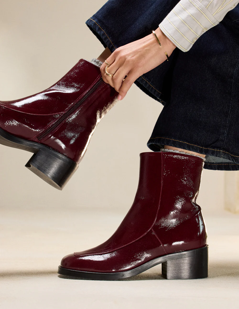 Bottines à talons Callie - Cuir plissé verni bordeaux - Image 3