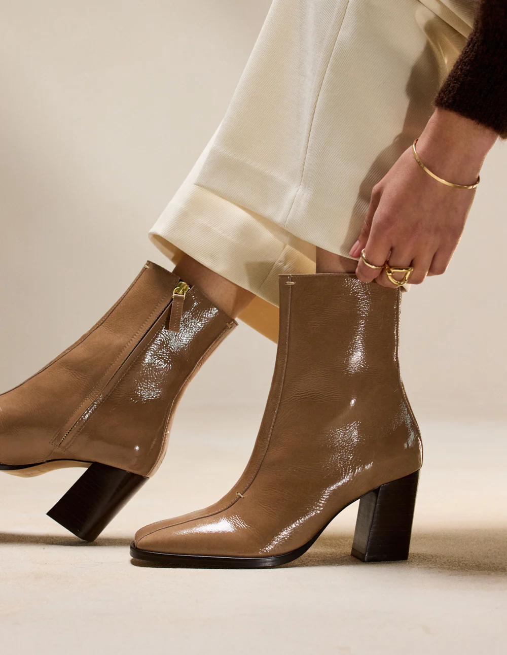 Bottines à talons Sorali - Cuir plissé verni mocha - Image 3