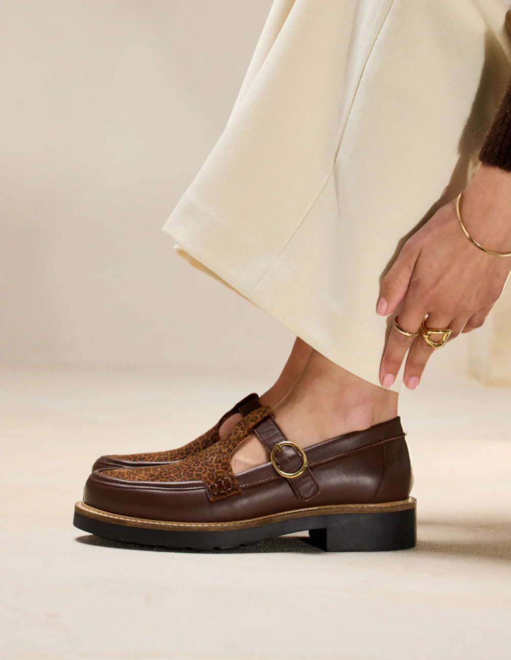 Derbies Carmen - Cuir marron et léopard - Image 2