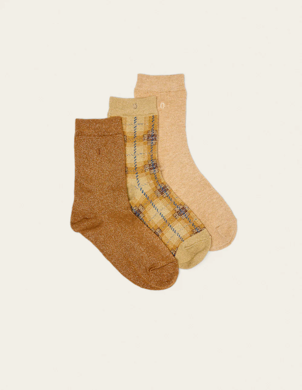 Pack de 3 Chaussettes - Fantaisie tartan et paillettes doré marron