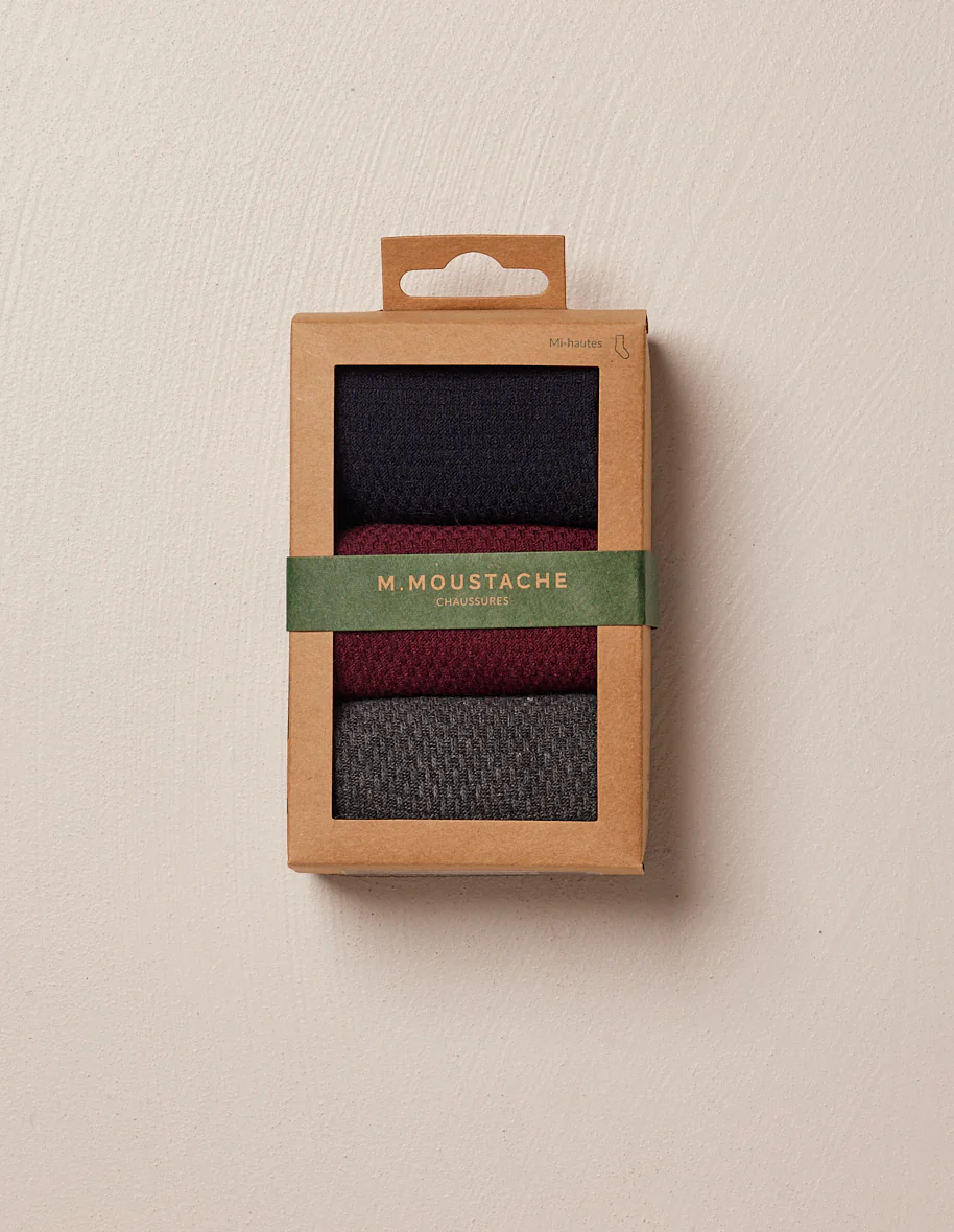 Pack de 3 Chaussettes - Gaufré Marine, Bordeaux et Gris Homme - Image 3
